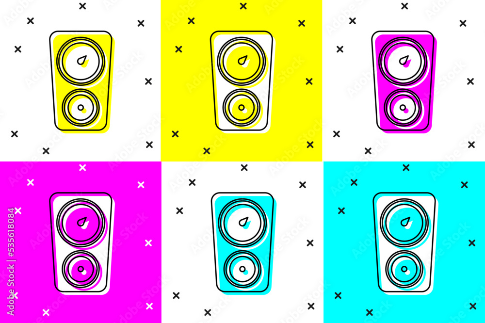 Set Gauge scale icon isolated on color background. Satisfaction, temperature, manometer, risk, rating, performance, speed tachometer. Vector Set Gauge scale icon isolated on color background. Satisfaction, temperature, manometer, risk, rating, performance, speed tachometer. Vector