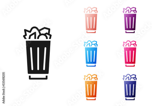 Black Full trash can icon isolated on white background. Garbage bin sign. Recycle basket icon. Office trash icon. Set icons colorful. Vector