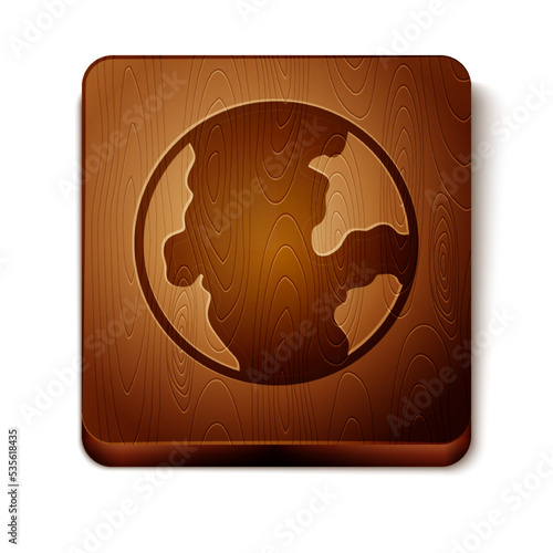Brown Earth globe icon isolated on white background. World or Earth sign. Global internet symbol. Geometric shapes. Wooden square button. Vector