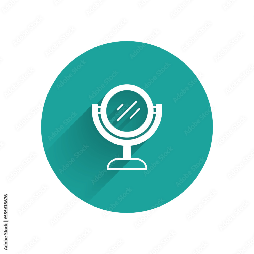 White Hand mirror icon isolated with long shadow background. Green circle button. Vector White Hand mirror icon isolated with long shadow background. Green circle button. Vector