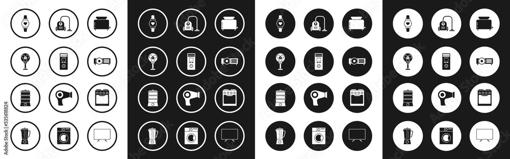 Set Toaster with toasts, Remote control, Electric fan, Smart watch showing heart beat rate, , Vacuum cleaner, Oven and Double boiler icon. Vector Set Toaster with toasts, Remote control, Electric fan, Smart watch showing heart beat rate, , Vacuum cleaner, Oven and Double boiler icon. Vector