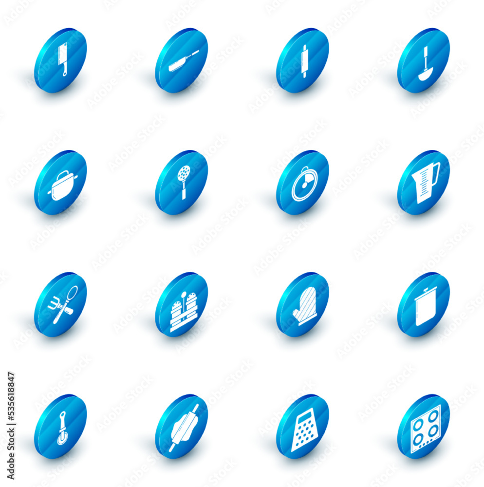 Set Frying pan, Rolling pin, Kitchen ladle, Cooking pot, Crossed fork and spoon, Spatula, Measuring cup and timer icon. Vector Set Frying pan, Rolling pin, Kitchen ladle, Cooking pot, Crossed fork and spoon, Spatula, Measuring cup and timer icon. Vector