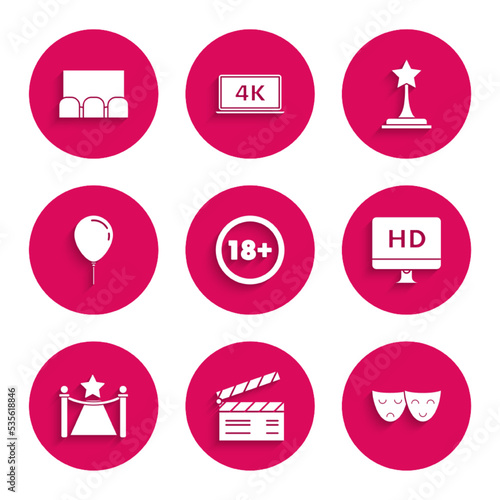 Set Under 18 years, Movie clapper, Comedy and tragedy theatrical masks, Computer PC monitor with HD video technology, Carpet barriers star, Balloon ribbon, trophy and icon. Vector