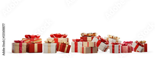 christmas presents in row and green decorated fir 3d-illustration photo
