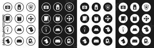 Set Animal health insurance, Canned food, Door for pet, Pet first aid kit, Veterinary clinic symbol, Bag of, Dog and Pets vial medical icon. Vector