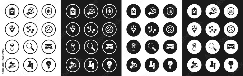 Set Shield protecting from virus, Molecule, Radioactive location, Radiation warning document, Bacteria, Equation solution and Test tube and flask icon. Vector Set Shield protecting from virus, Molecule, Radioactive location, Radiation warning document, Bacteria, Equation solution and Test tube and flask icon. Vector