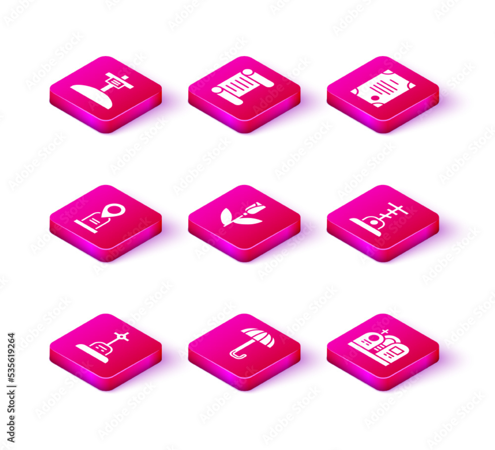 Set Grave with cross, Umbrella, Location grave, Flower rose, tombstone, Death certificate and Decree, parchment, scroll icon. Vector Set Grave with cross, Umbrella, Location grave, Flower rose, tombstone, Death certificate and Decree, parchment, scroll icon. Vector