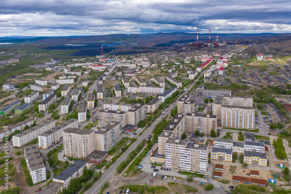 Nickel city, Murmansk region, Russia. aerial photography