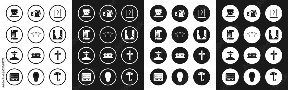 Set Grave with tombstone, Metallic nails, Decree, parchment, scroll, Coffin, Cemetery digged grave hole, Death certificate hand, Christian cross and icon. Vector Set Grave with tombstone, Metallic nails, Decree, parchment, scroll, Coffin, Cemetery digged grave hole, Death certificate hand, Christian cross and icon. Vector
