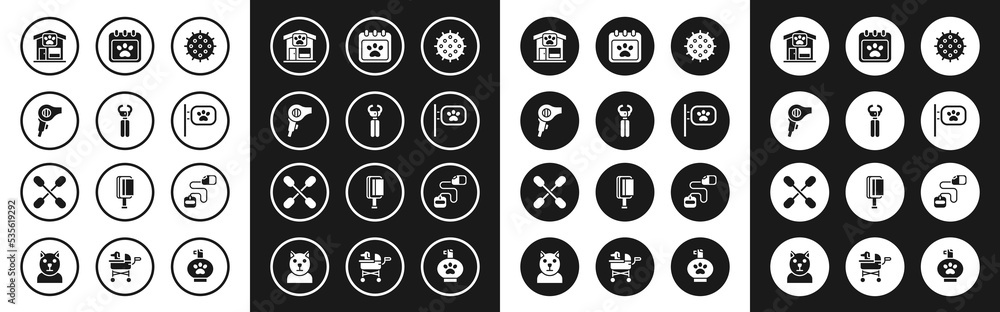 Set Tennis ball, Pet nail clippers, Hair dryer, grooming, Calendar, Retractable cord leash and Cotton swab for ears icon. Vector Set Tennis ball, Pet nail clippers, Hair dryer, grooming, Calendar, Retractable cord leash and Cotton swab for ears icon. Vector