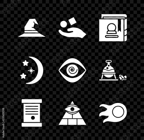 Set Witch hat, Cube levitating above hand, Ancient magic book, Decree, paper, parchment, scroll, Masons, Fireball, Moon stars and Hypnosis icon. Vector