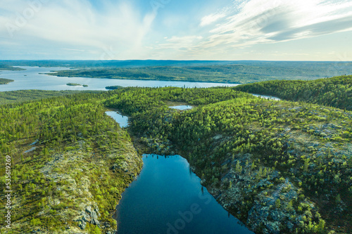 View from Mount Kalkupä to Lake Kaskama and the Paz/Patsojoki River. Reserve Pasvik. Russia. Murmansk region