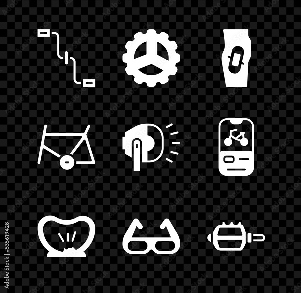 Set Bicycle pedals, sprocket crank, Plaster on leg, punctured tire, Sport cycling sunglasses, frame and head lamp icon. Vector Set Bicycle pedals, sprocket crank, Plaster on leg, punctured tire, Sport cycling sunglasses, frame and head lamp icon. Vector