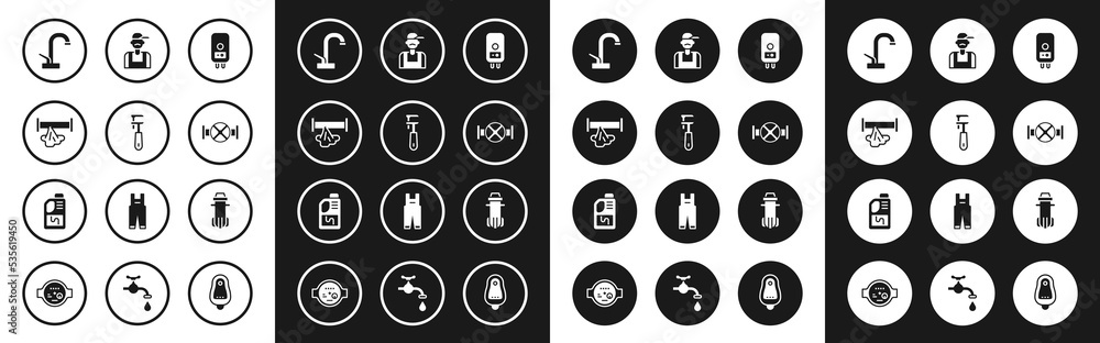 Set Electric boiler, Pipe adjustable wrench, Broken pipe, Water tap, Industry and valve, Plumber, filter and Drain cleaner bottle icon. Vector