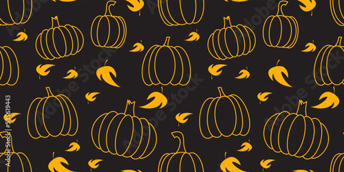 Seamless endless pattern with linear pumpkins on a black background, yellow leaves. Delicious plant, food, autumn, Halloween, mysticism, Jack's lantern. Vector illustration, festive background.