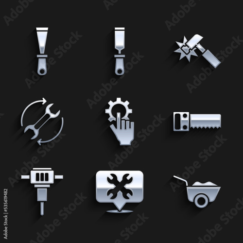 Set Settings in the hand  Location with wrench  Wheelbarrow  Hand saw  Construction jackhammer  Wrench arrows as workflow  Hammer and Putty knife icon. Vector