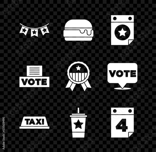 Set Carnival garland with flags, Burger, Calendar date July 4, Taxi car roof, Paper glass straw, Vote box and Medal star icon. Vector