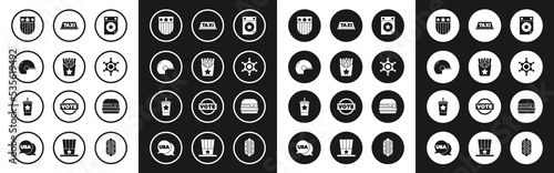Set Calendar with date July 4, Potatoes french fries in box, Baseball helmet, Shield stars, Hexagram sheriff, Taxi car roof, Burger and Paper glass straw icon. Vector