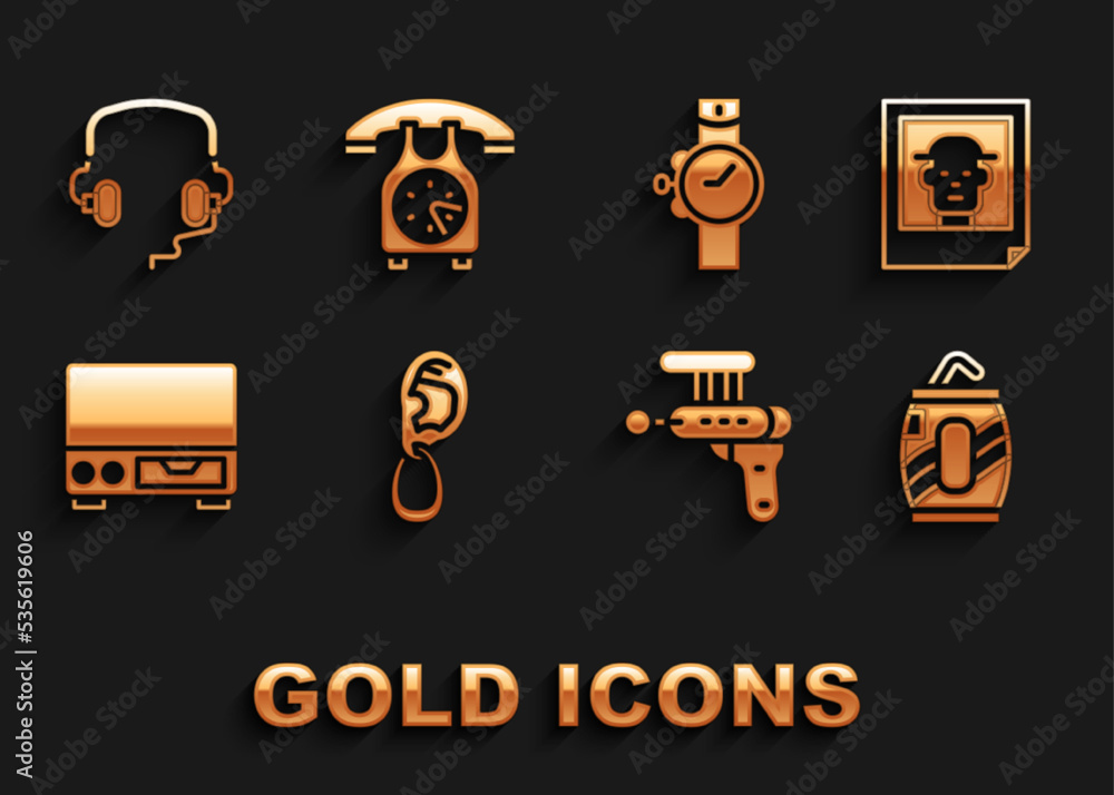 Set Ear with earring, Photo, Soda can straw, Ray gun, Old video cassette player, Wrist watch, Headphones and Telephone handset icon. Vector Set Ear with earring, Photo, Soda can straw, Ray gun, Old video cassette player, Wrist watch, Headphones and Telephone handset icon. Vector