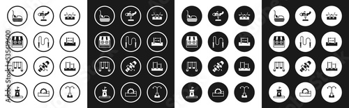 Set Seesaw, Jump rope, Shooting gallery, Bumper car, Abacus, Swing plane, Horizontal bar and Double swing icon. Vector
