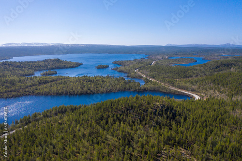 Top view of a large lake in the Arctic on the border of Russia and Norway