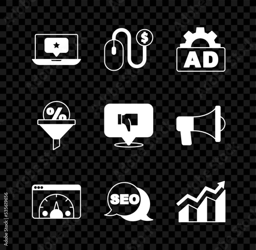 Set Laptop with star, Advertising, Website statistic, SEO optimization, Financial growth increase, Lead management and Dislike speech bubble icon. Vector