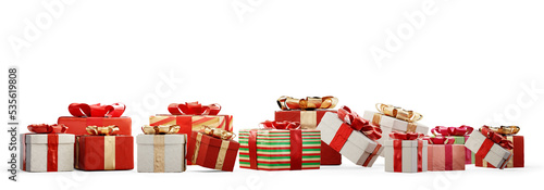 christmas presents in row and green decorated fir 3d-illustration