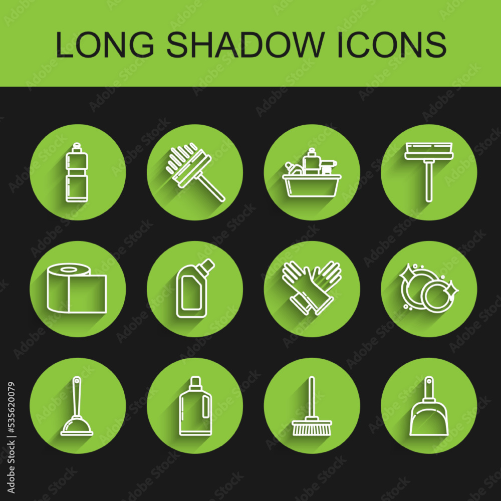 Set line Toilet plunger, Plastic bottles for liquid dishwashing liquid, Mop, Dustpan, Washing dishes and Rubber gloves icon. Vector Set line Toilet plunger, Plastic bottles for liquid dishwashing liquid, Mop, Dustpan, Washing dishes and Rubber gloves icon. Vector