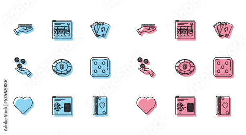 Set line Playing card with heart symbol, Hand holding deck playing cards, Deck, Casino, Game dice, and slot machine lucky sevens jackpot icon. Vector