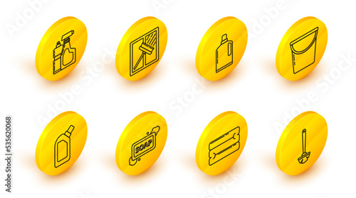 Set line Toilet brush, Towel stack, Bar of soap with foam, Plastic bottles for liquid dishwashing liquid, Bucket, Squeegee, scraper, wiper and icon. Vector