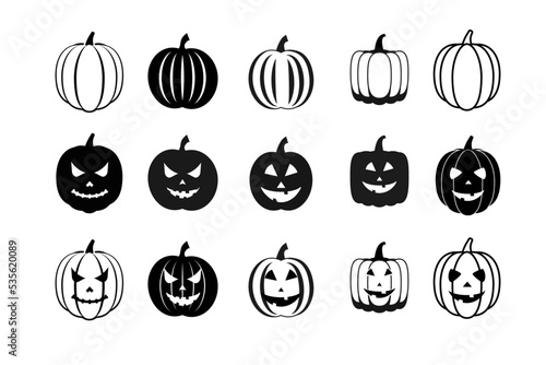 Set of black and white halloween pumpkin icons.  Sack-o -lantern vector silhouette.