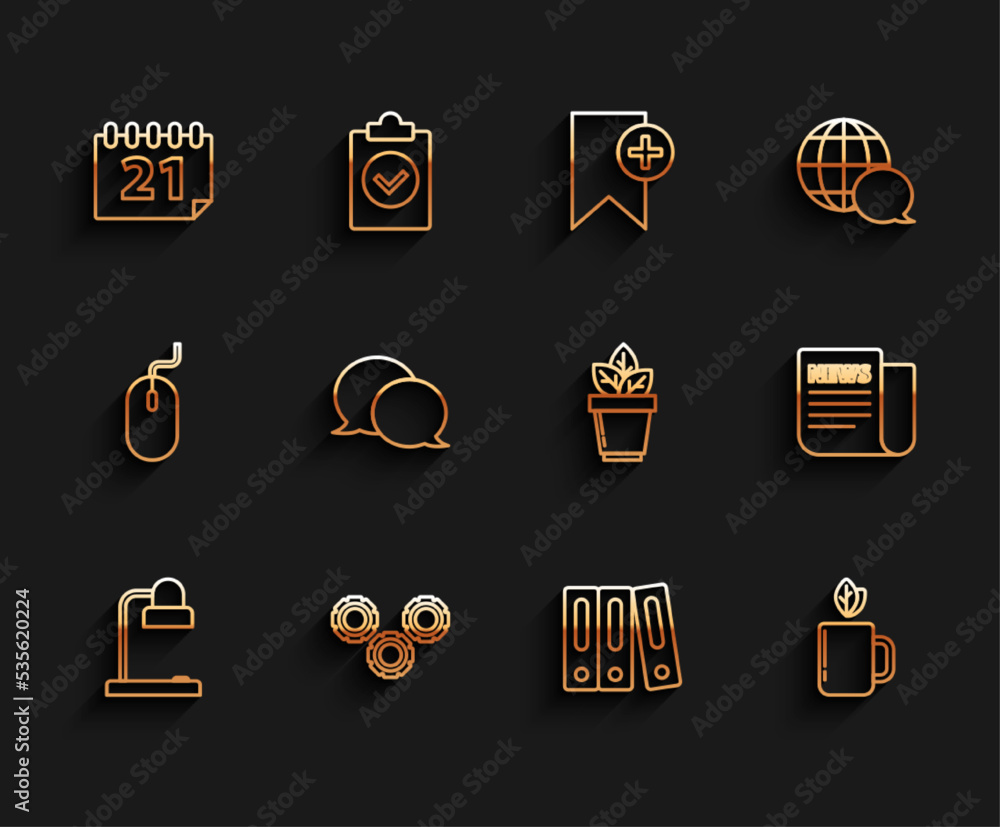 Set line Table lamp, Gear, Calendar, Office folders with papers and documents, Cup of tea leaf, Speech bubble chat, News and Flowers in pot icon. Vector Set line Table lamp, Gear, Calendar, Office folders with papers and documents, Cup of tea leaf, Speech bubble chat, News and Flowers in pot icon. Vector