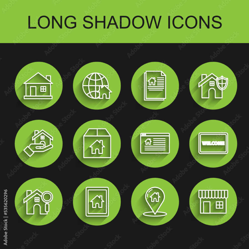 Set line Search house, Tablet and smart home, House, Map pointer with, Shopping building or market store, Cardboard box, Doormat the text Welcome and Hanging sign Online Sale icon. Vector Set line Search house, Tablet and smart home, House, Map pointer with, Shopping building or market store, Cardboard box, Doormat the text Welcome and Hanging sign Online Sale icon. Vector