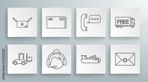 Set line Forklift truck, Envelope, Support operator in touch, Cargo ship with boxes delivery service, Telephone speech bubble chat, Free and Cardboard traffic symbol icon. Vector