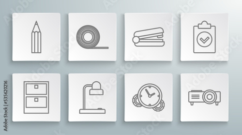 Set line Archive papers drawer, Scotch, Table lamp, Time Management, Presentation, movie, film, media projector, Office stapler, Completed task and Pencil icon. Vector