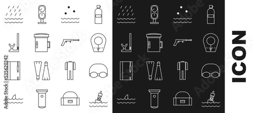 Set line Floating buoy on the sea, Glasses and cap for swimming, Diving hood, Cold waves, Big flashlight diver, Snorkel, Rain and Fishing harpoon icon. Vector