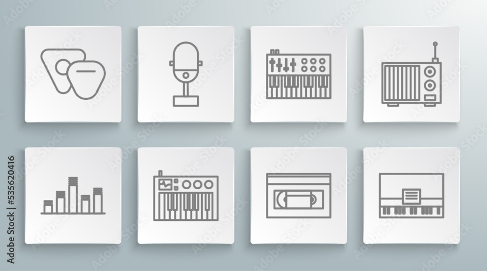 Set line Music equalizer, Microphone, synthesizer, VHS video cassette tape, Piano, Radio with antenna and Guitar pick icon. Vector Set line Music equalizer, Microphone, synthesizer, VHS video cassette tape, Piano, Radio with antenna and Guitar pick icon. Vector