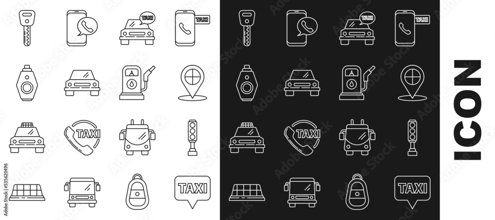 Set line Map pointer with taxi, Traffic light, Taxi car, Car, key remote, and Petrol or Gas station icon. Vector Set line Map pointer with taxi, Traffic light, Taxi car, Car, key remote, and Petrol or Gas station icon. Vector