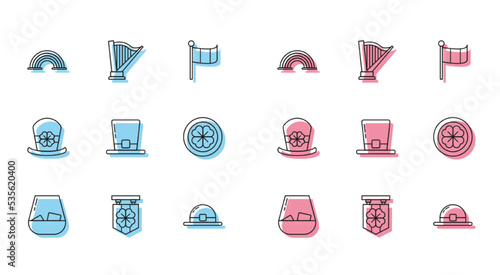Set line Glass of whiskey, Street signboard with four leaf clover, Rainbow, Leprechaun hat, Gold coin, and and Harp icon. Vector