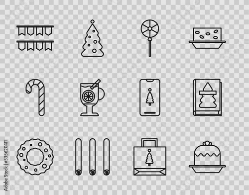 Set line Christmas wreath, Cake, Lollipop, Three rolled sticks of cinnamon, Carnival garland with flags, Mulled wine glass drink, paper shopping bag and book icon. Vector