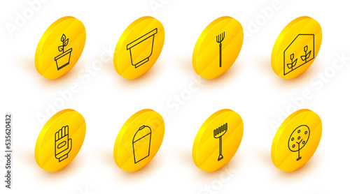 Set line Tree, Garden rake, Bucket, gloves, Home greenhouse and plants, pitchfork, Flower pot and Plant in icon. Vector