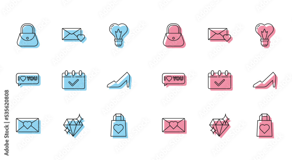 Set line Envelope with 8 March, Diamond, Handbag, Shopping heart, Calendar, Woman shoe, Speech bubble I love you and icon. Vector Set line Envelope with 8 March, Diamond, Handbag, Shopping heart, Calendar, Woman shoe, Speech bubble I love you and icon. Vector