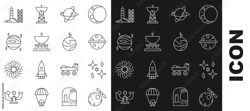 Set line Satellites orbiting the planet Earth, Planet, Venus, Saturn, Rocket launch from spaceport and Moon with flag icon. Vector