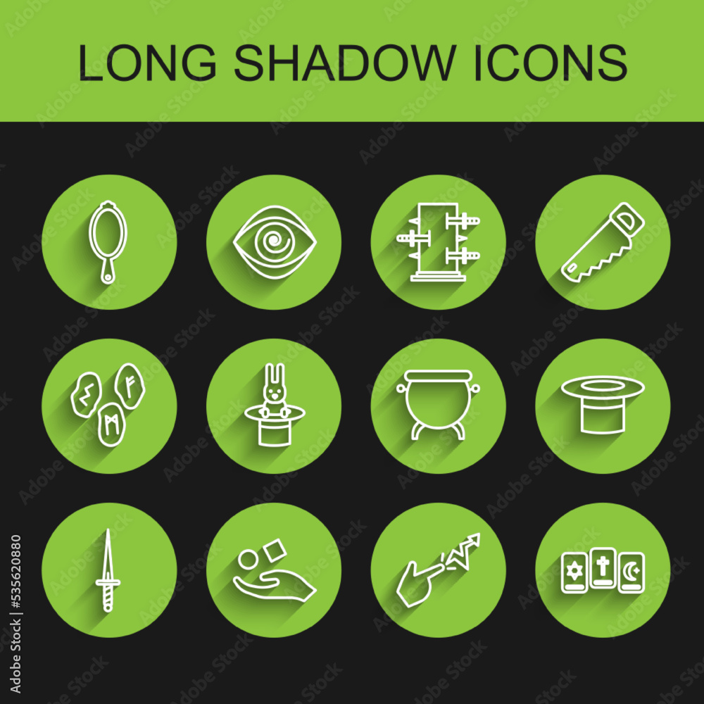 Set line Dagger, Cube levitating above hand, Magic mirror, Spell, Three tarot cards, Magician hat rabbit, and Witch cauldron icon. Vector Set line Dagger, Cube levitating above hand, Magic mirror, Spell, Three tarot cards, Magician hat rabbit, and Witch cauldron icon. Vector