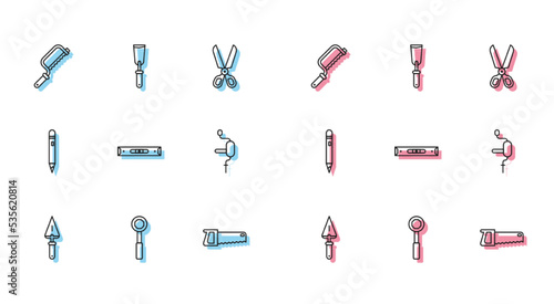 Set line Trowel, Wrench spanner, Hacksaw, Hand, Construction bubble level, drill, Pencil with eraser and Putty knife icon. Vector