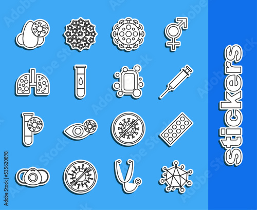 Set line Virus, Pills in blister pack, Syringe, Blood test and virus, cells lung, Runny nose and Bar of soap icon. Vector