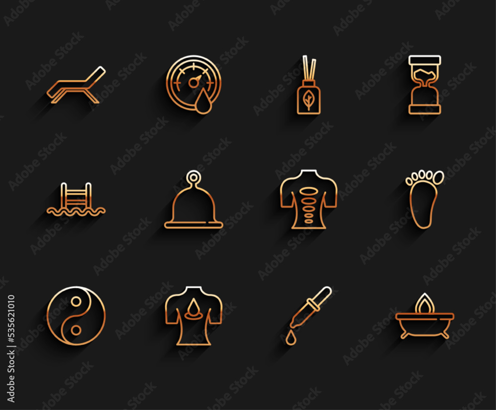 Set line Yin Yang, Massage with aroma oils, Sunbed and umbrella, Pipette, Aroma candle, Sauna hat, Foot massage and stone therapy icon. Vector Set line Yin Yang, Massage with aroma oils, Sunbed and umbrella, Pipette, Aroma candle, Sauna hat, Foot massage and stone therapy icon. Vector