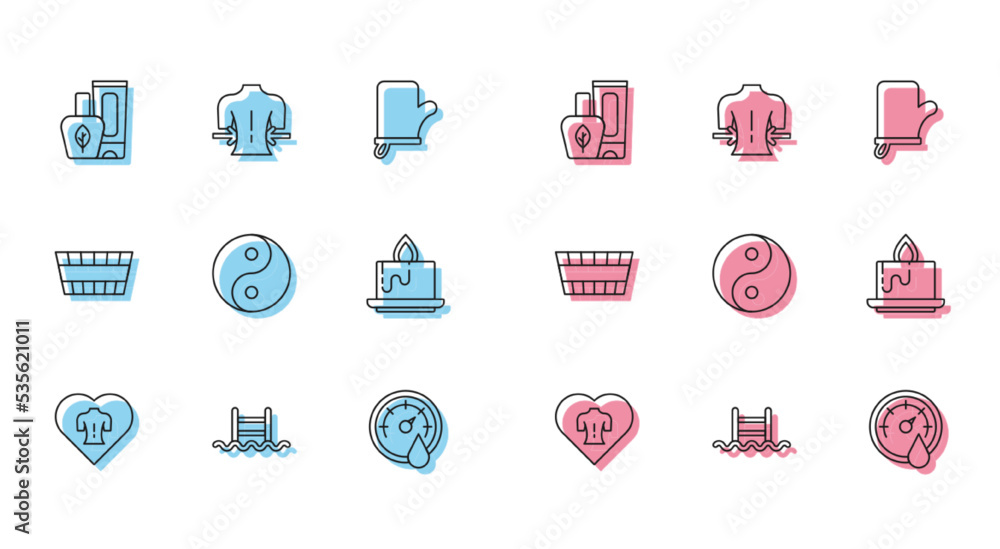 Set line Massage, Swimming pool with ladder, Ointment cream tube, Sauna thermometer, Yin Yang, Aroma candle, bucket and icon. Vector Set line Massage, Swimming pool with ladder, Ointment cream tube, Sauna thermometer, Yin Yang, Aroma candle, bucket and icon. Vector
