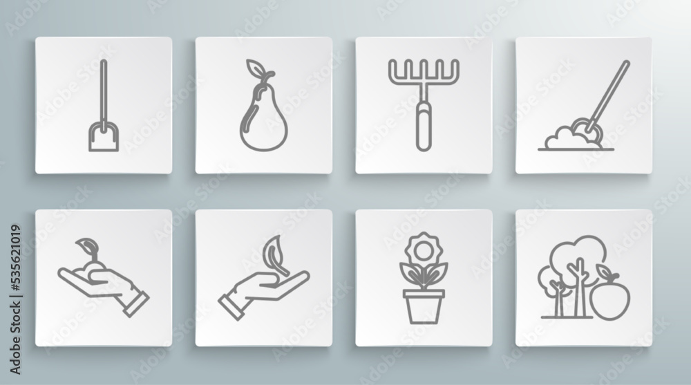 Set line Sprout in hand of environmental protection, Pear, Flower pot, Tree with apple, Garden rake, Shovel the ground and icon. Vector Set line Sprout in hand of environmental protection, Pear, Flower pot, Tree with apple, Garden rake, Shovel the ground and icon. Vector