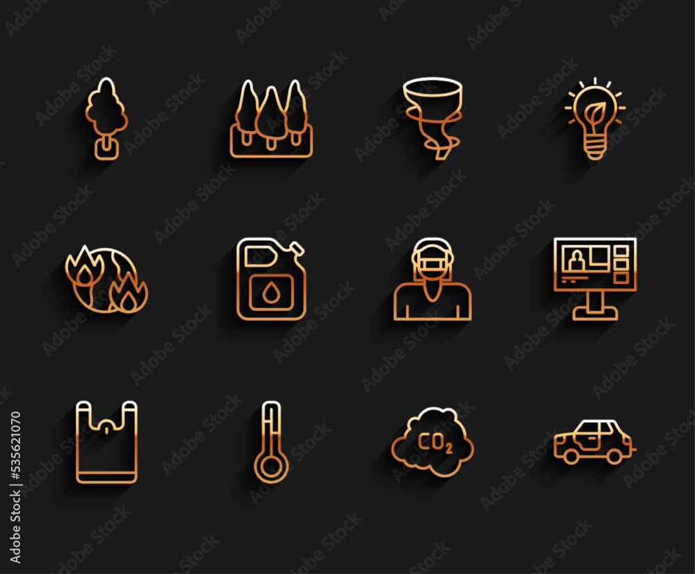 Set line Plastic bag, Meteorology thermometer, Tree, CO2 emissions in cloud, Car, Canister for gasoline, Television report and Face protective mask icon. Vector